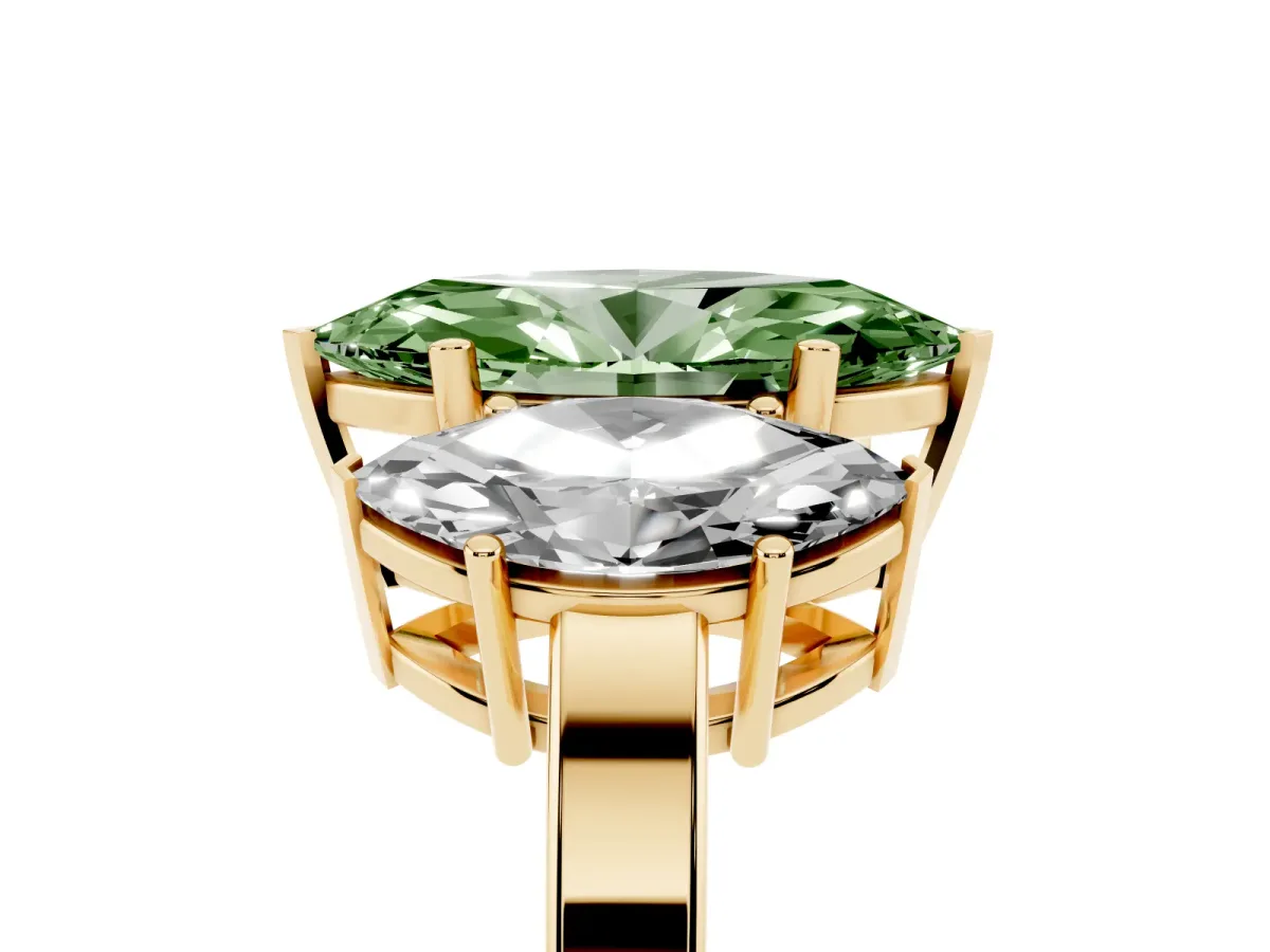 Fancy Green Three-Stone Marquise Cut Cut Diamond Engagement Ring with Flat Band and Four-Prong Setting Yellow gold