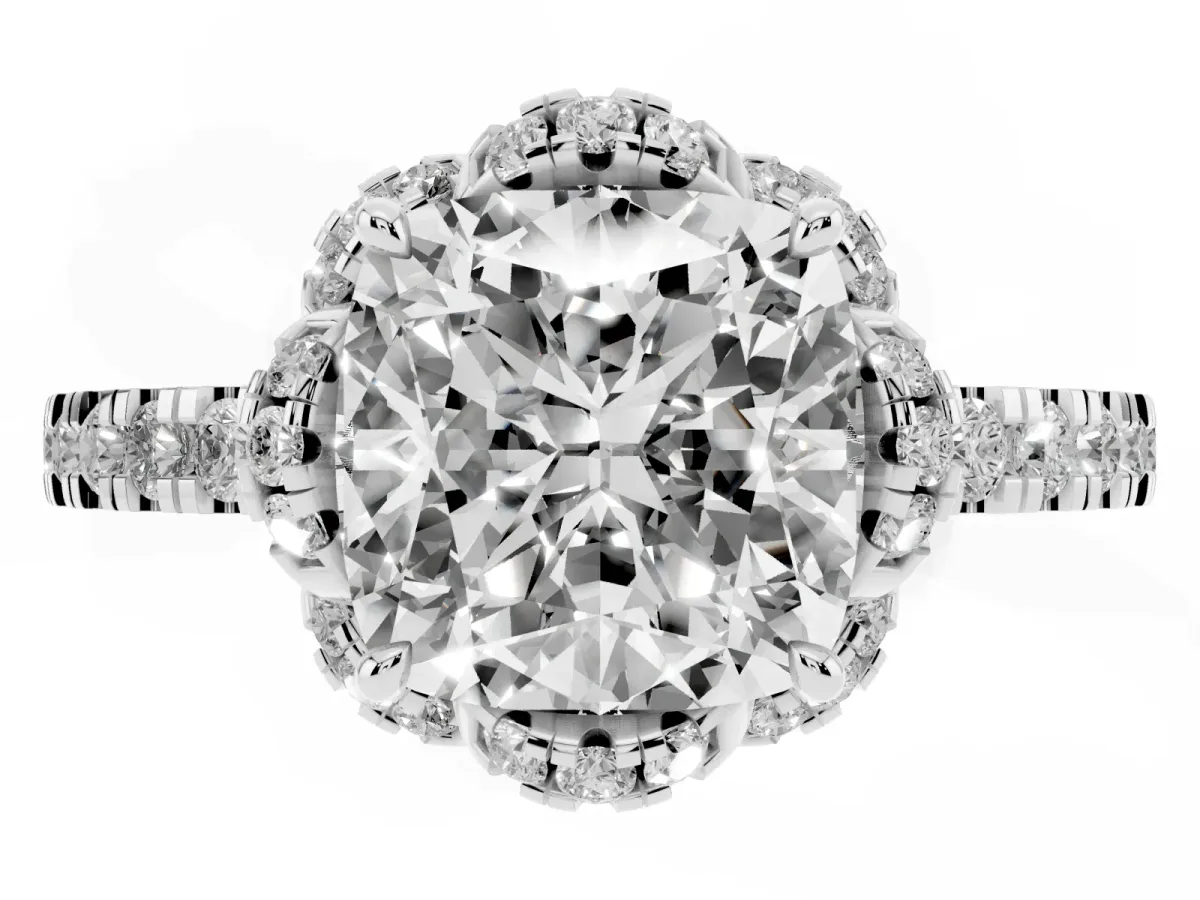 Cushion Cut Halo Diamond Pave Band Ring with Four-Prong Setting Silver