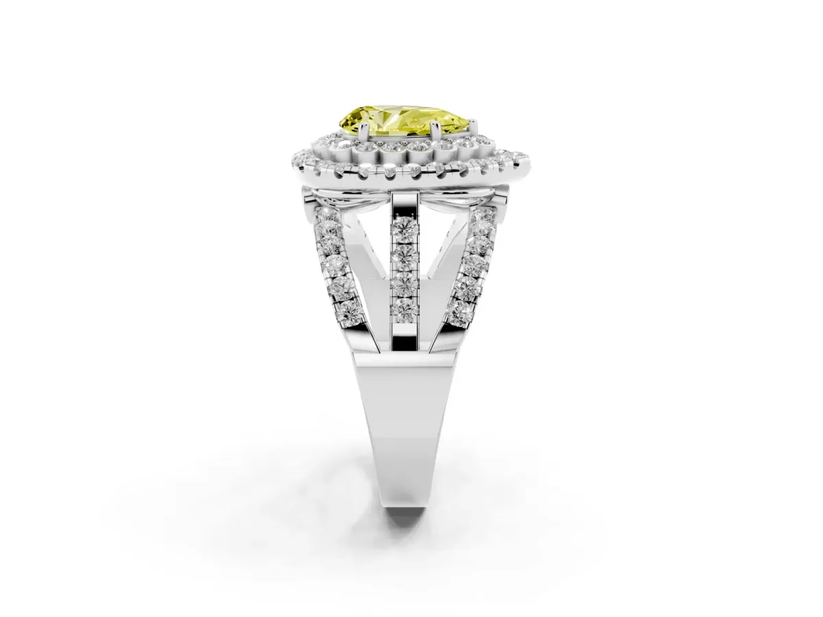 Fancy Yellow Pear Cut Diamond Double Halo Ring with Round Pavé Split Shank and Prong Setting Silver