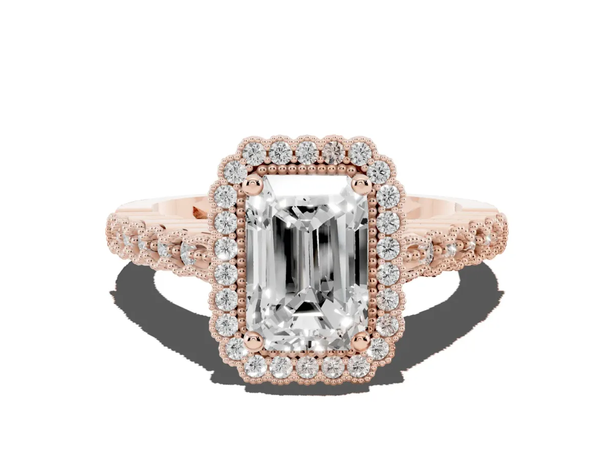 Radiant Cut Cut Halo Pavé Solitaire Ring with Milgrain Band Rose gold