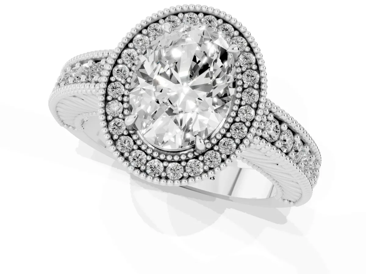 Oval Cut Cut Halo Diamond Ring with Pavé Band and Four-Prong Setting Platinum