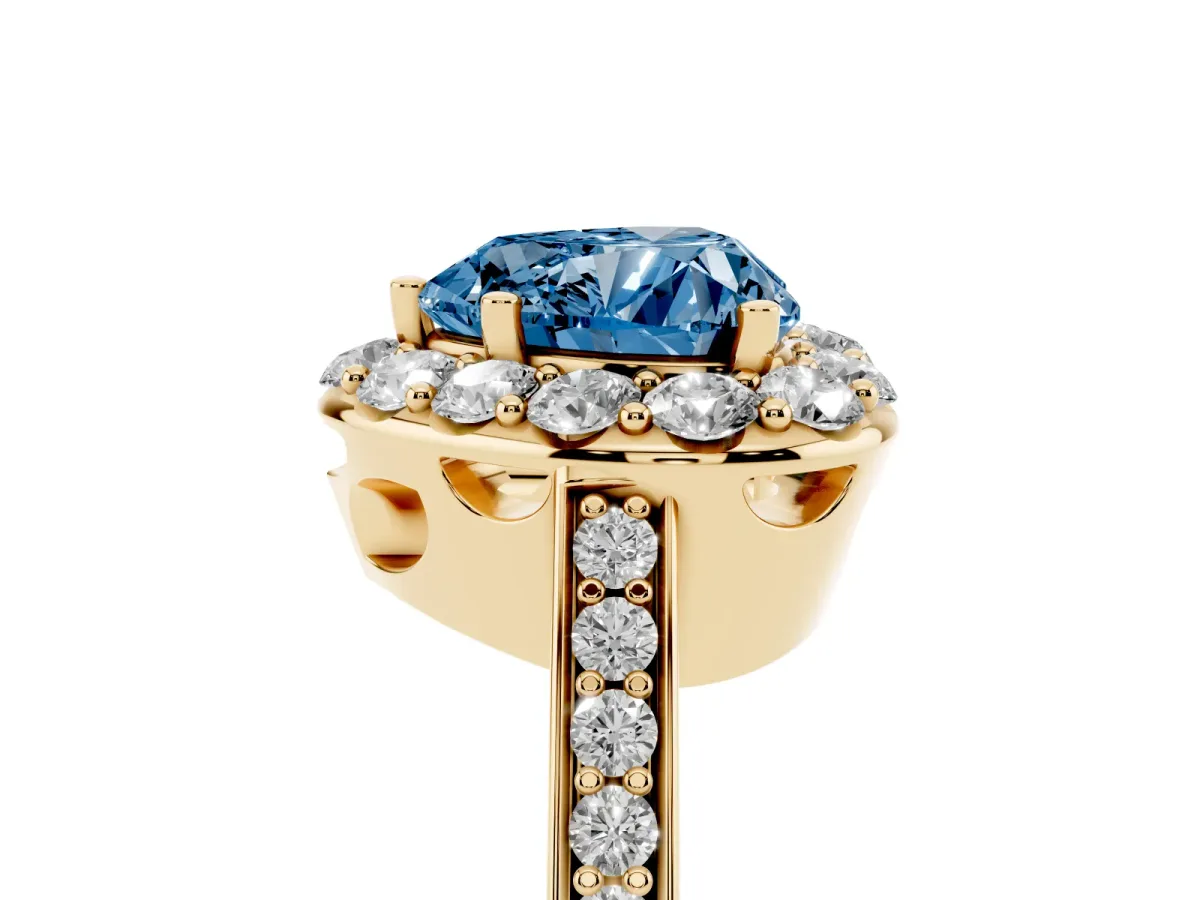Fancy Blue Heart Cut Diamond Floral Halo Ring with Pavé Band and Prong Setting Yellow gold