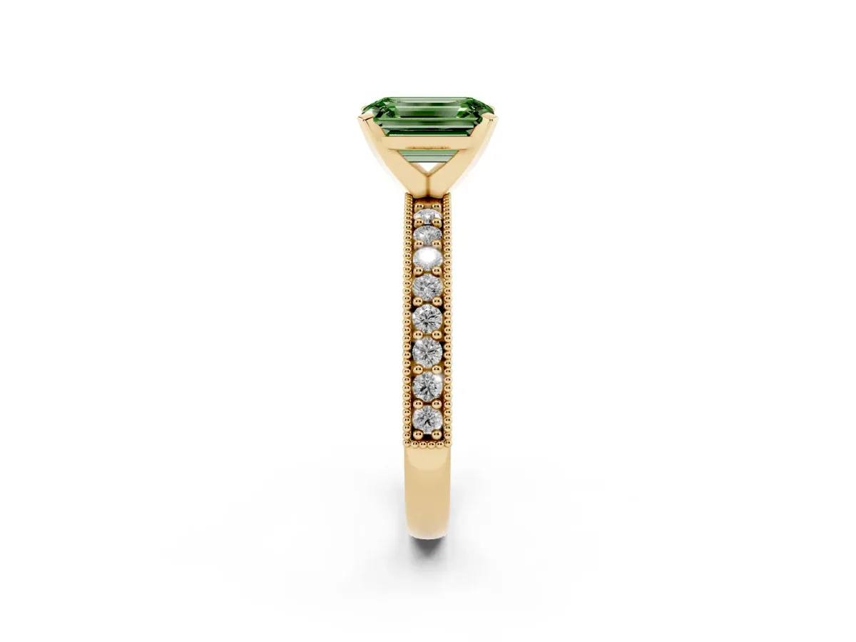 Fancy Green Emerald Cut Diamond Milgrain Pavé Engagement Ring with Four-Prong Setting Yellow gold