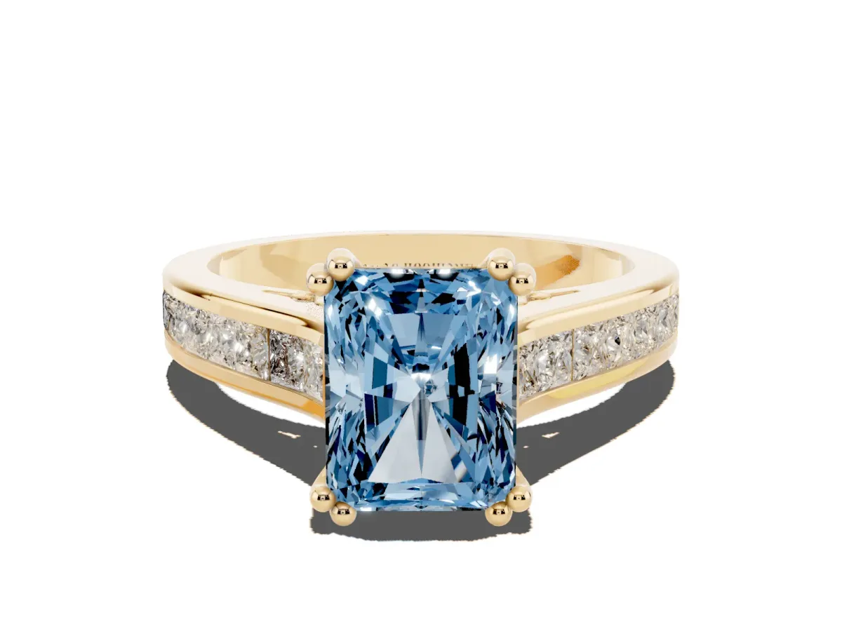 Fancy Blue Radiant Cut Cut Channel Set Solitaire Engagement Ring with Prong Setting Yellow gold
