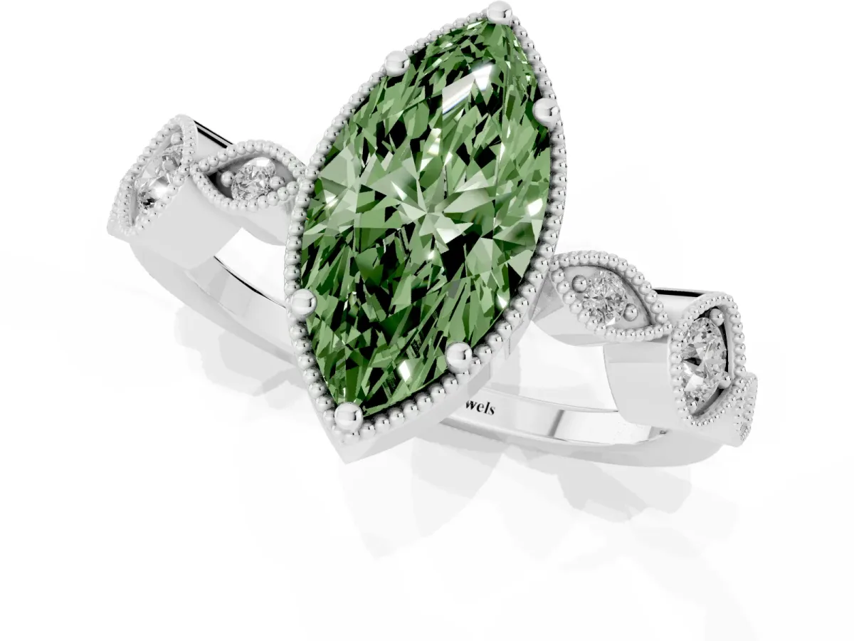 Fancy Green Marquise Cut Diamond Vintage Milgrain Ring with Round Stations Silver