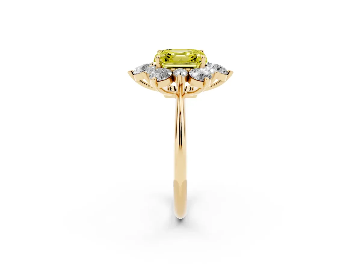 Fancy Yellow Asscher Cut Diamond Cluster Halo Ring with Solitaire Band and Four-Prong Setting Yellow gold