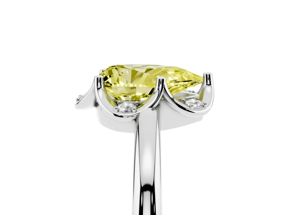 Fancy Yellow Pear Cut Halo Diamond Ring with Round Cluster Setting, Solitaire Band, and Four-Prong Setting Platinum