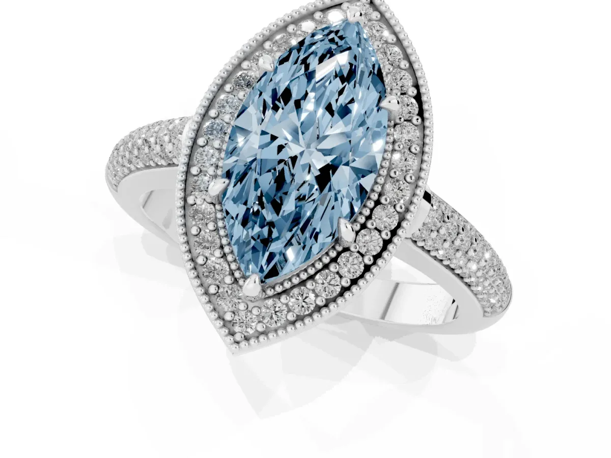 Fancy Blue Marquise Cut Cut Halo Diamond Pave Band with Four-Prong Setting Silver