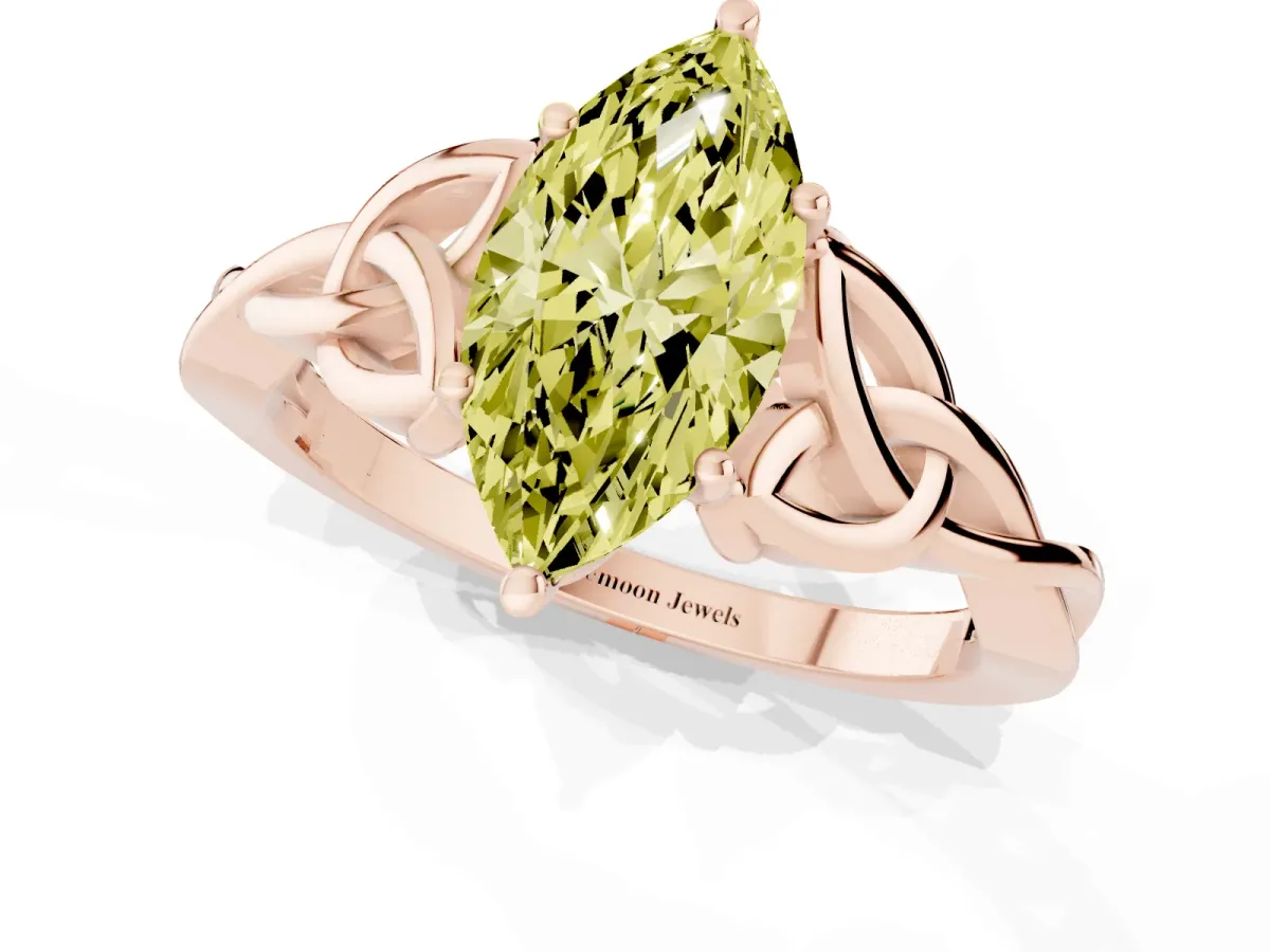 Fancy Yellow Marquise Cut Diamond Solitaire Engagement Ring with Celtic Knot Band and Four-Prong Setting Rose gold