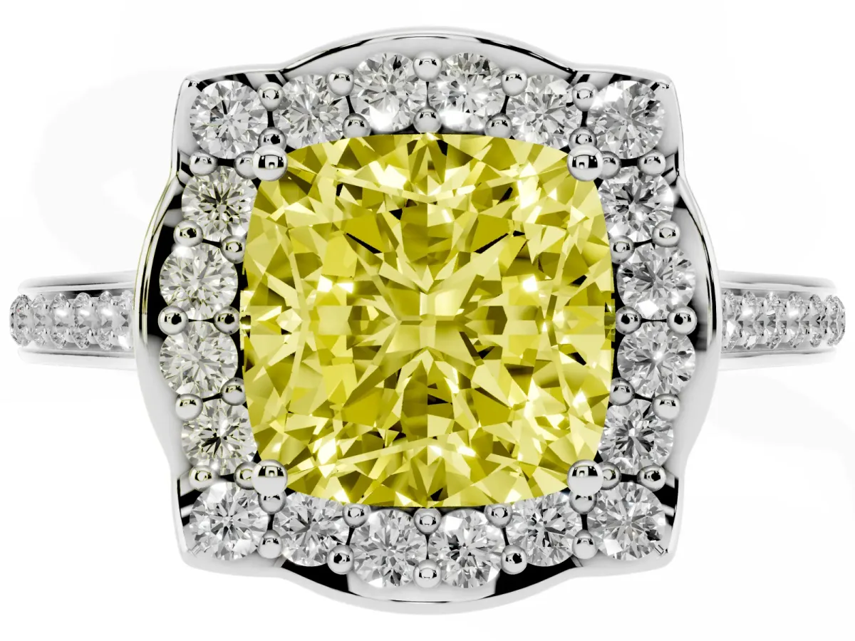 Fancy Yellow Cushion Cut Halo Round Diamond Pave Band with Four-Prong Setting Silver