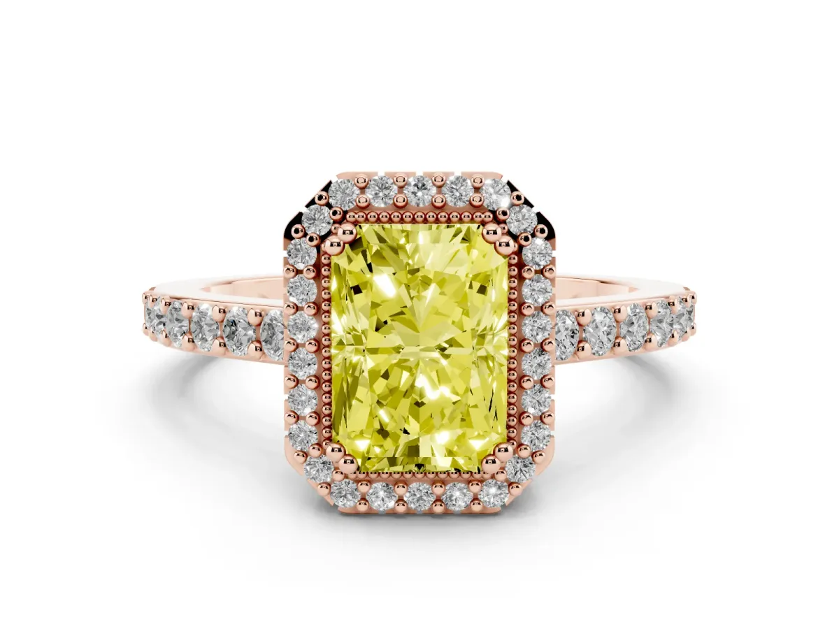 Fancy Yellow Radiant Cut Cut Diamond Halo Engagement Ring with Milgrain Detail and Pavé Band Rose gold