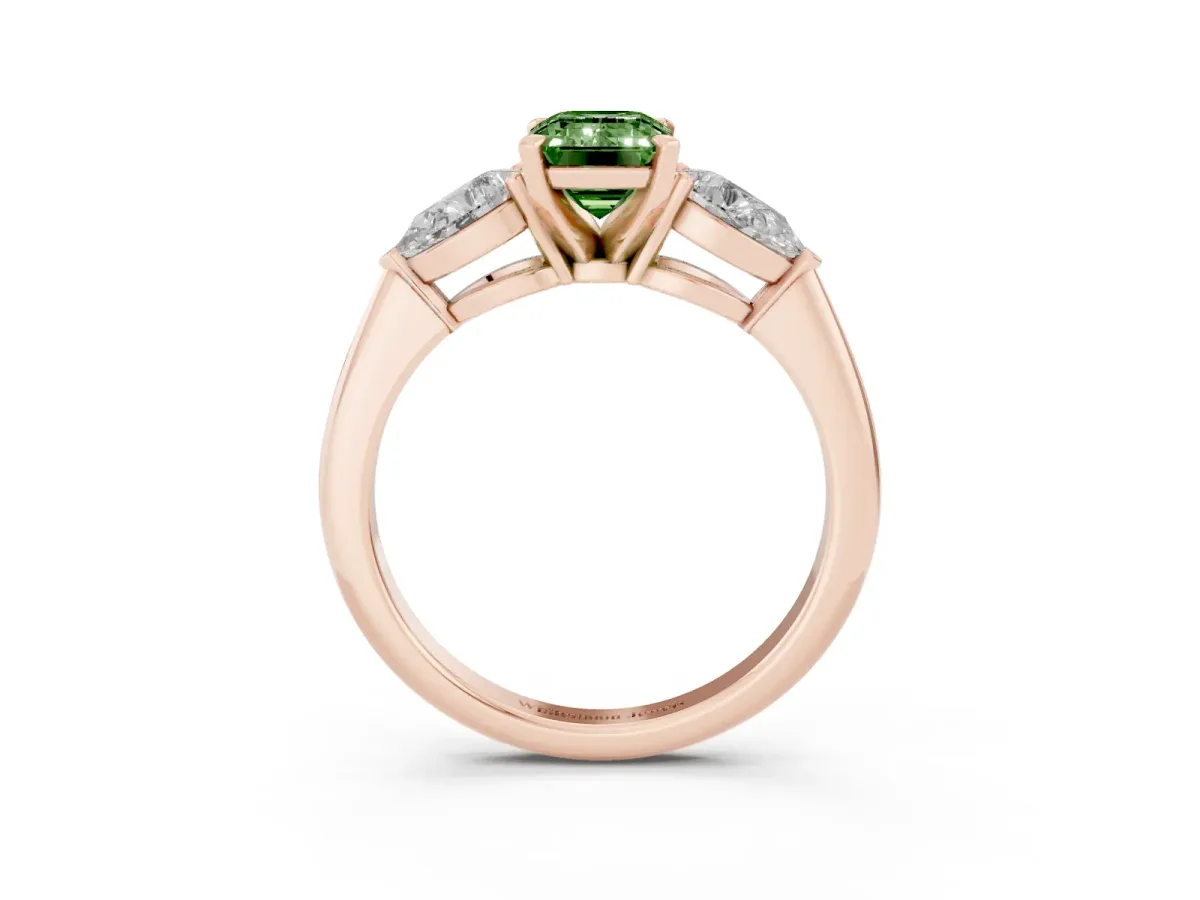 Fancy Green Three-Stone Emerald Cut Diamond Ring with Pear Side Stones and Four-Prong Setting Rose gold