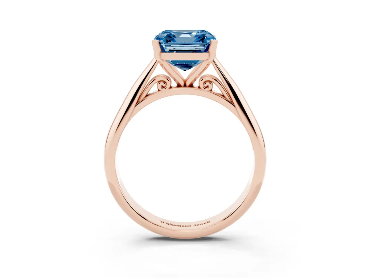 Fancy Blue Asscher Cut Diamond Solitaire Engagement Ring with Cathedral Setting and Four-Prong Mount Rose gold