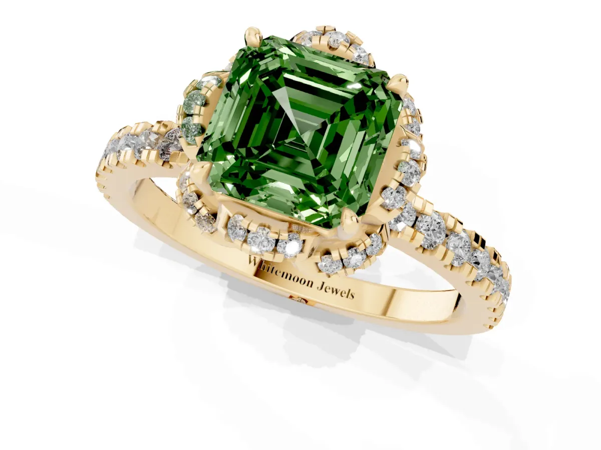 Fancy Green Asscher Cut Diamond Halo Pave Band with Four-Prong Setting Yellow gold