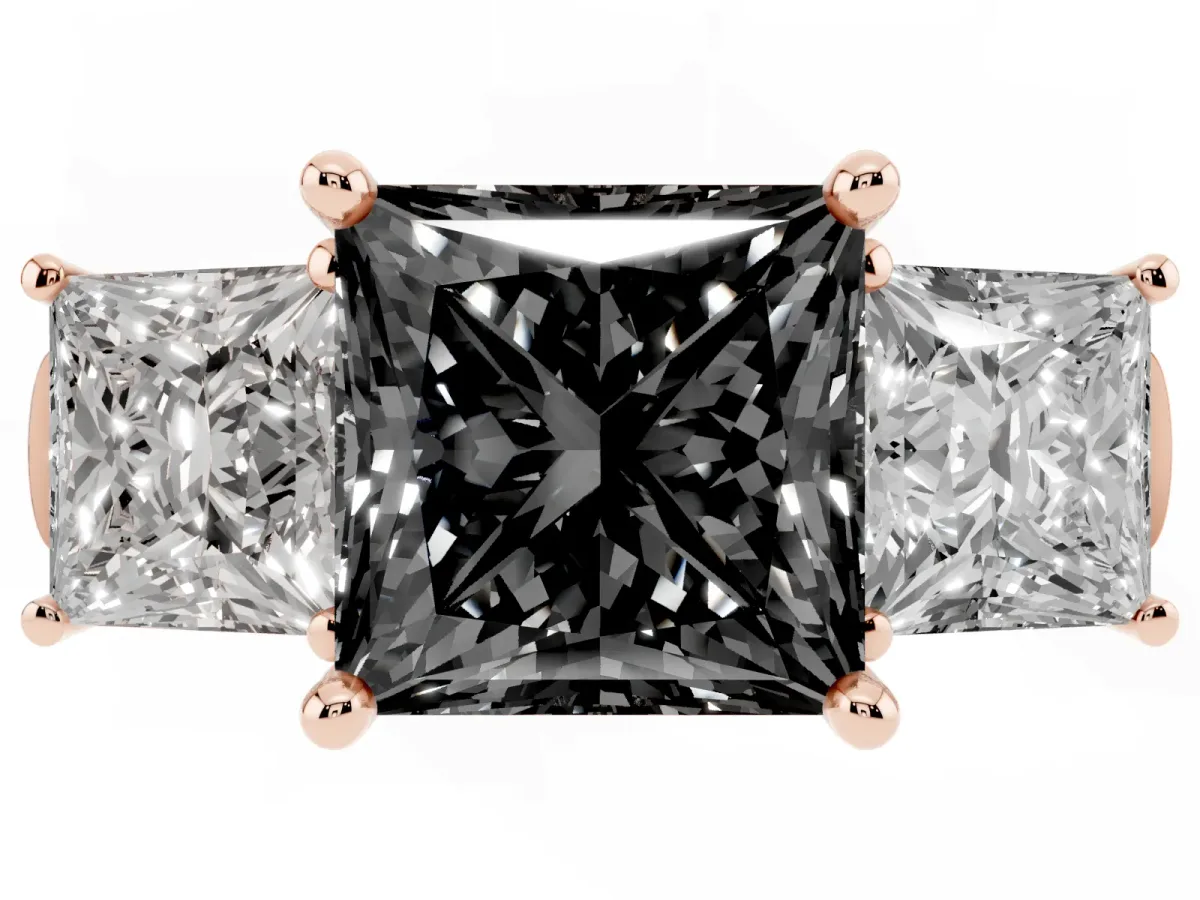 Fancy Black Three-Stone Princess Cut Brilliant Diamond Trellis Ring with Comfort Fit Band Rose gold