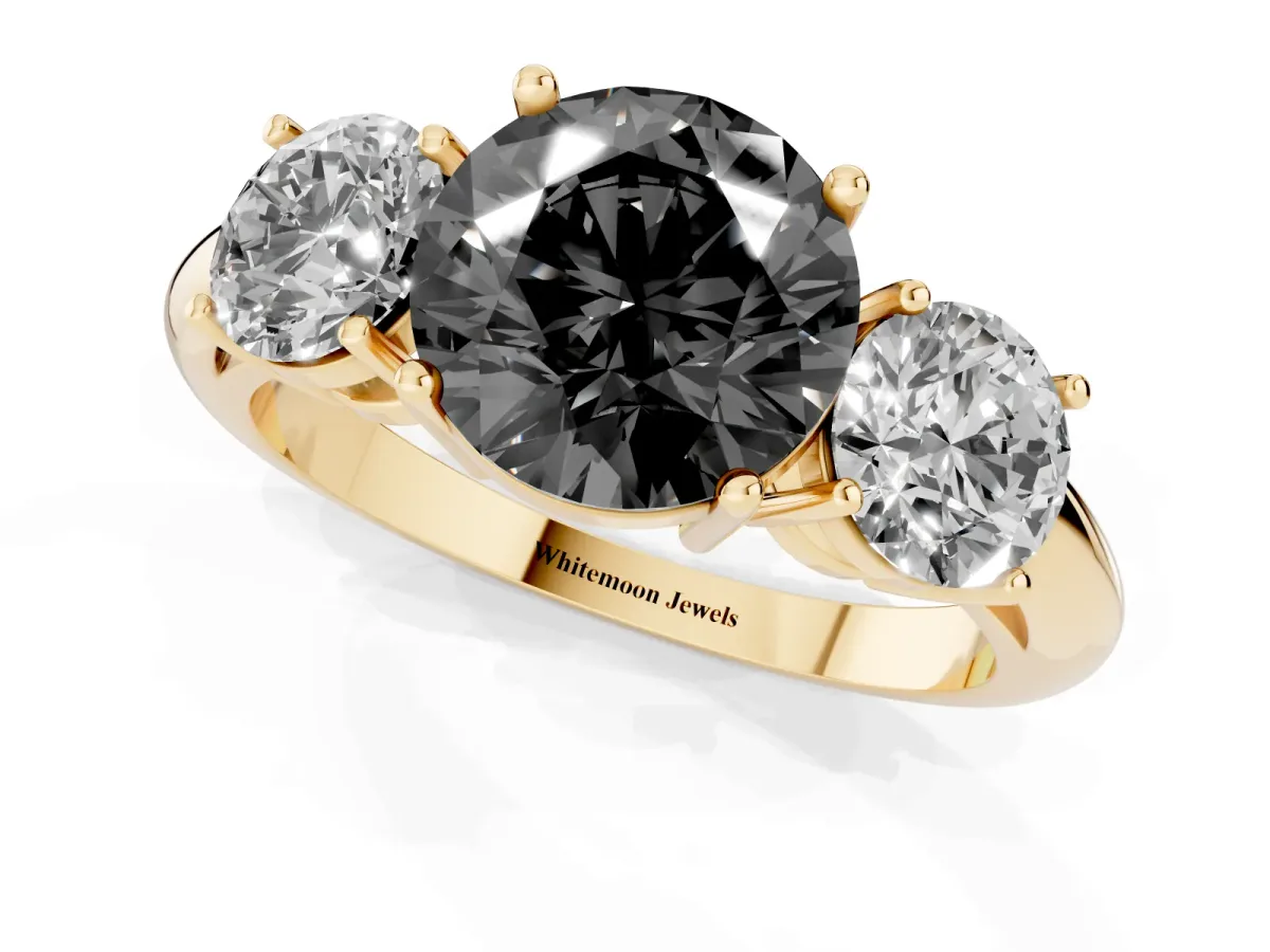 Fancy Black Three-Stone Round Cut Cut Diamond Engagement Ring with Prong Setting on a White Gold Band Yellow gold