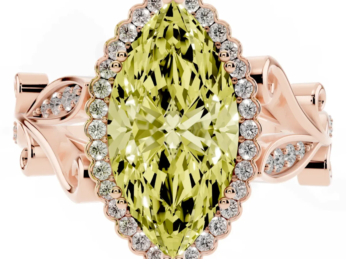 Fancy Yellow Marquise Cut Diamond Halo Ring with Vintage Split Shank and Four-Prong Setting Rose gold