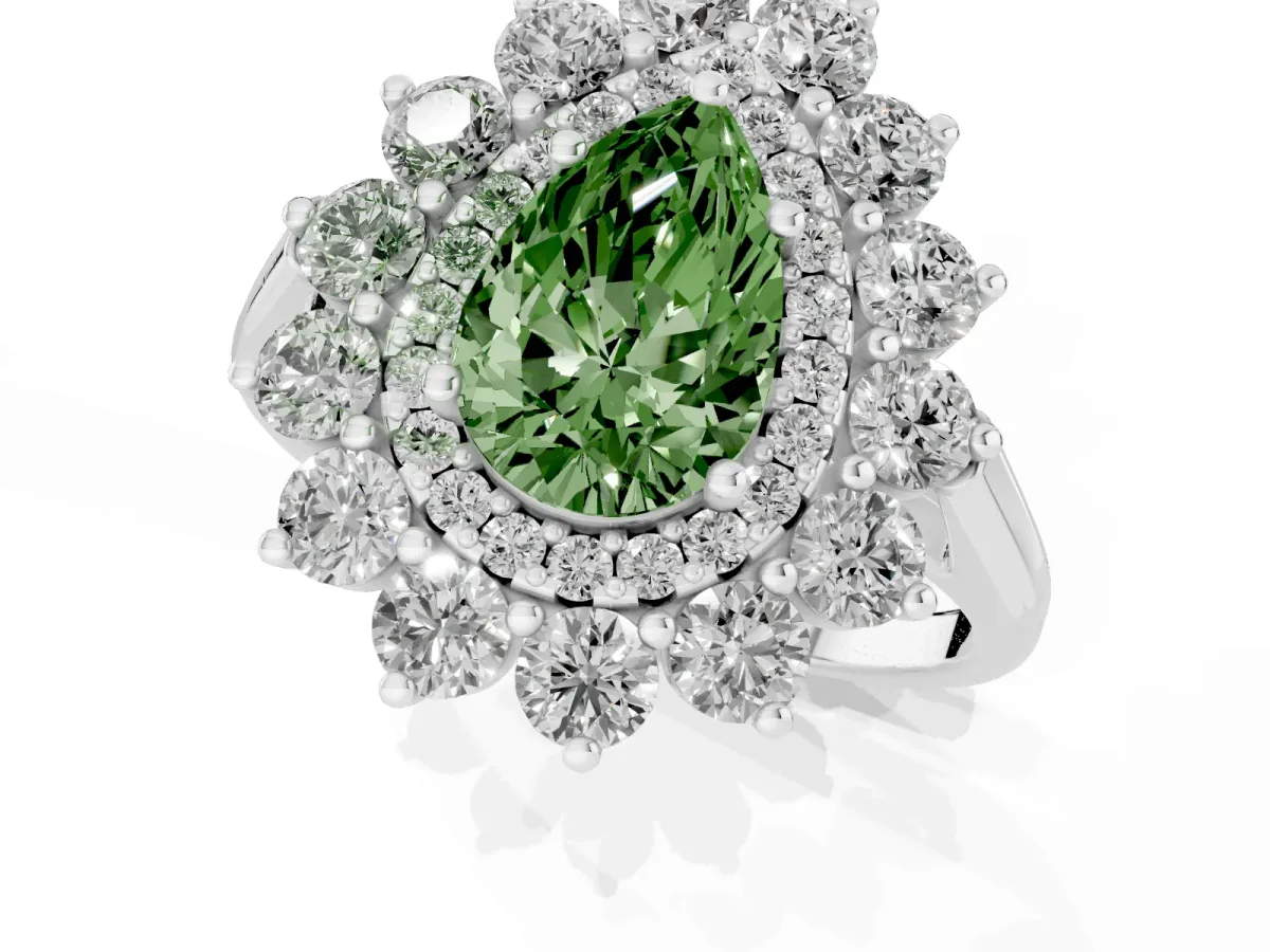 Fancy Green Pear Cut Diamond Floral Double Halo Engagement Ring with Prong Setting Silver