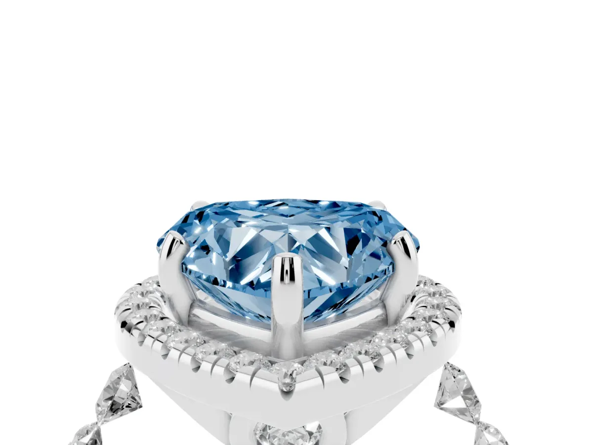 Fancy Blue Heart Cut Halo Pavé Diamond Engagement Ring with Four-Prong Setting Silver