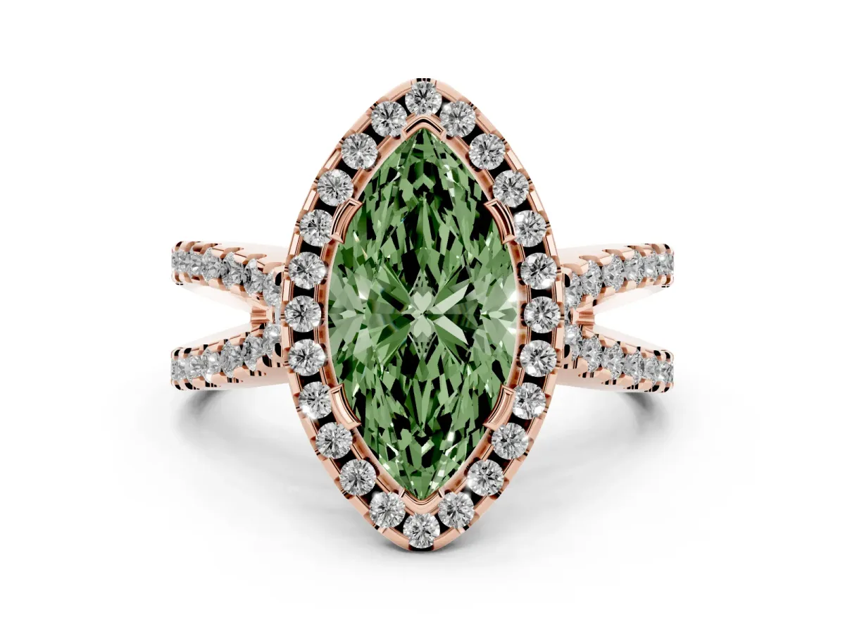 Fancy Green Marquise Cut Diamond Halo Ring with Split Shank Pavé Band and Prong Setting Rose gold