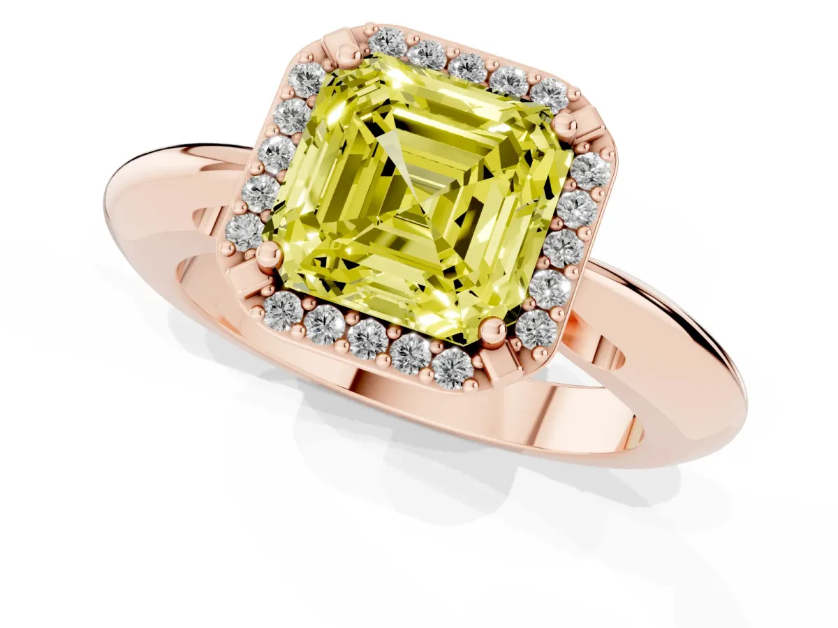 Fancy Yellow Asscher Cut Cut Diamond Halo Engagement Ring with Split Shank and Four-Prong Setting Rose gold