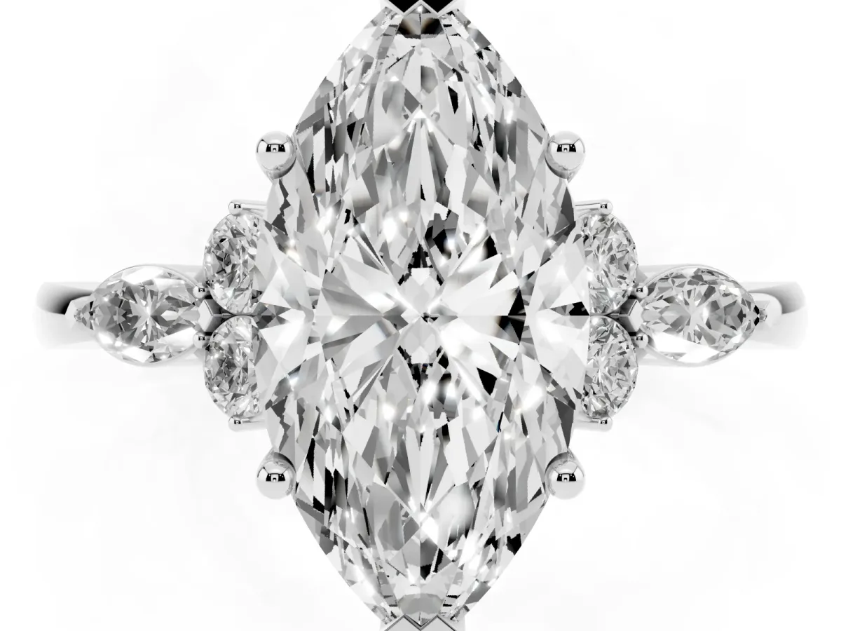 Marquise Cut Brilliant Diamond Solitaire Ring with Pear Side Stones and Four-Prong Setting Platinum
