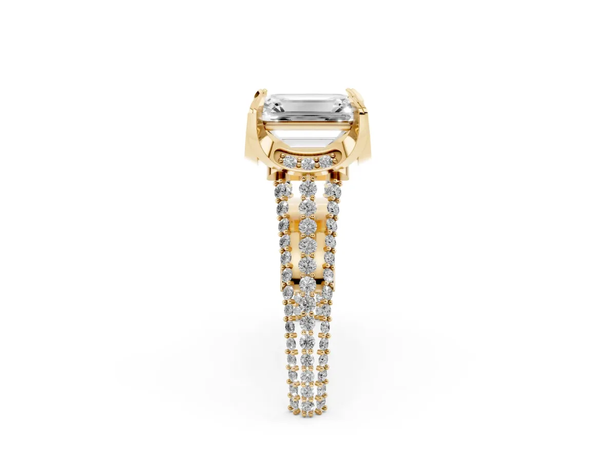 Emerald Cut Solitaire Pave Split Shank Ring with Four-Prong Setting Yellow gold