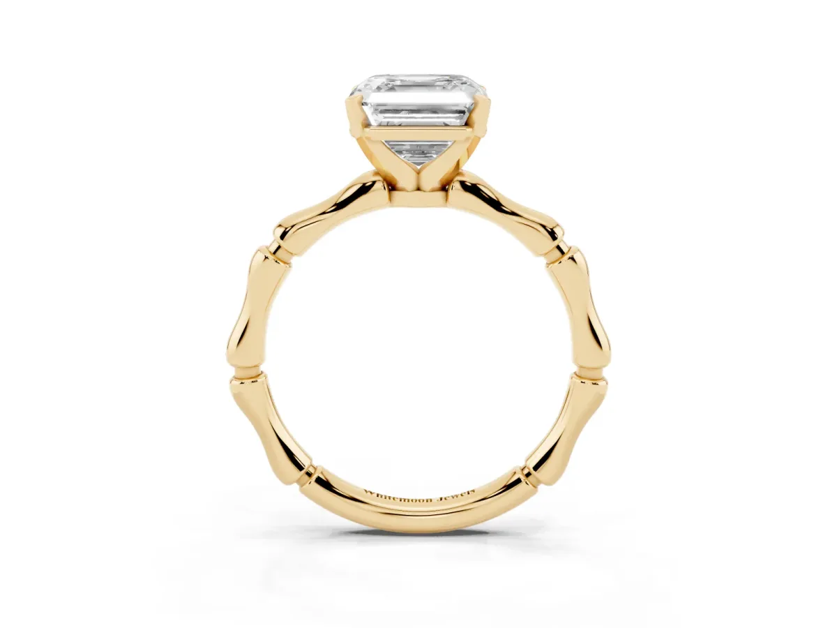 Asscher Cut Solitaire Diamond Ring with Bamboo Band and Four-Prong Setting Yellow gold