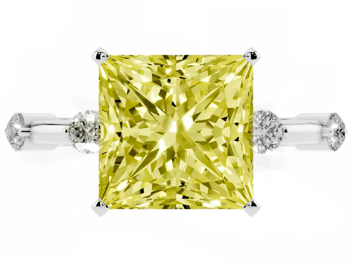 Fancy Yellow Princess Cut Solitaire Diamond Ring with Bezel Set Side Stones and Prong Setting Silver