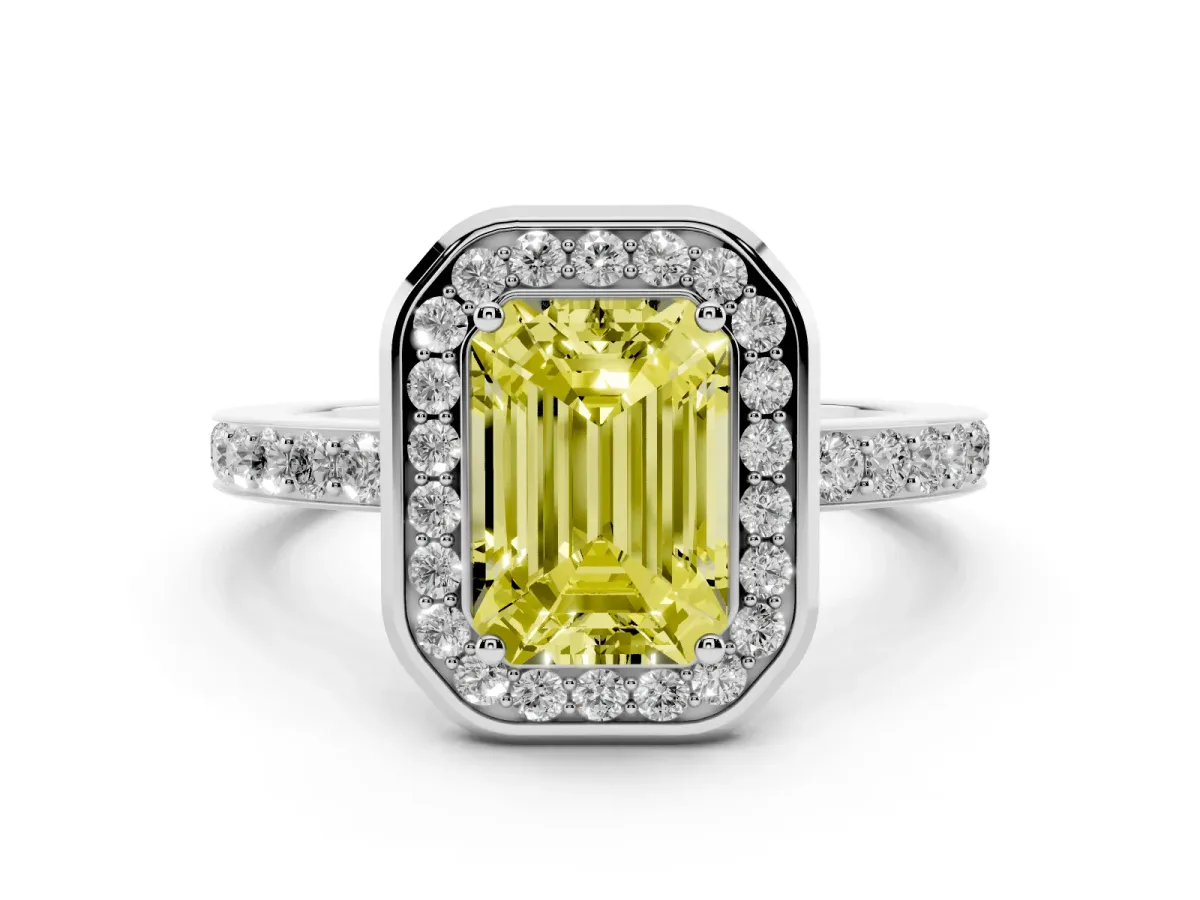 Fancy Yellow Emerald Cut Diamond Halo Ring with Bezel Frame and Pavé Band Silver