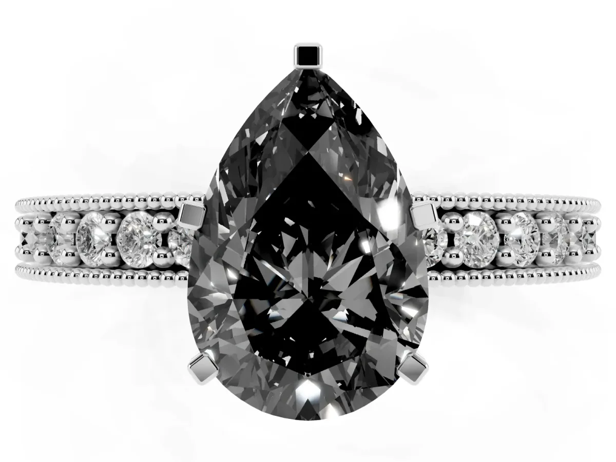 Fancy Black Pear Cut Diamond Milgrain Pavé Engagement Ring with Four-Prong Setting Platinum