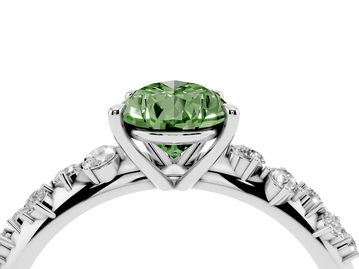 Fancy Green Pear Cut Diamond Cluster Side Stone Solitaire Ring with Prong Setting Silver