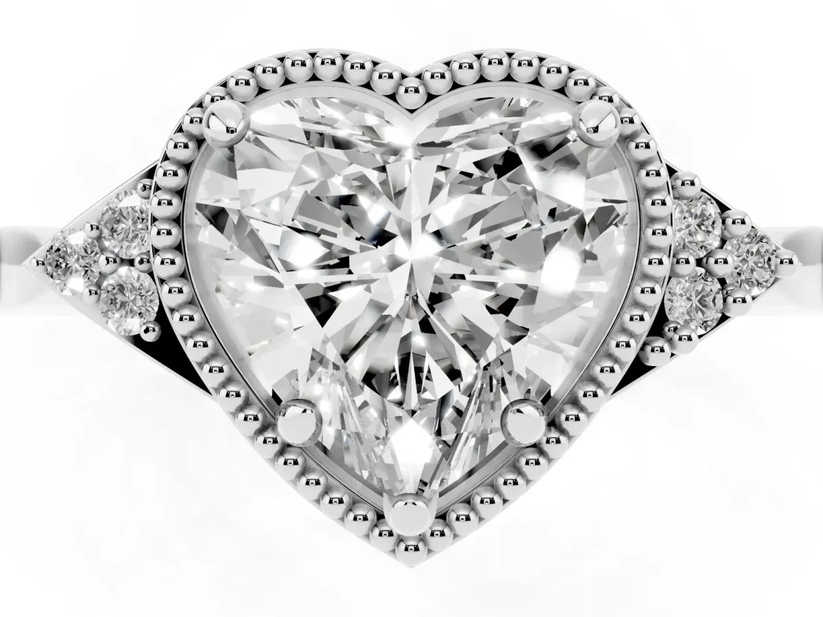 Heart Cut Diamond Halo Ring with Tapered Band and Four-Prong Setting White gold
