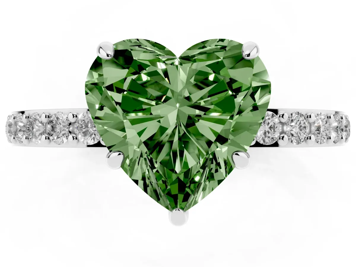 Fancy Green Heart Cut Diamond Pavé Engagement Ring with Round Accents and Prong Setting Platinum