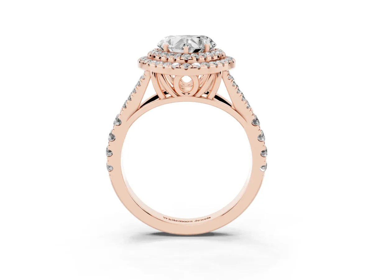 Heart Cut Cut Double Halo Split Shank Diamond Ring with Prong Setting Rose gold