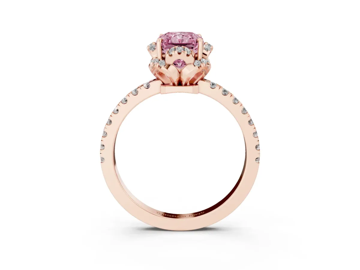 Fancy Pink Radiant Cut Halo Diamond Pave Band Ring with Four-Prong Setting Rose gold