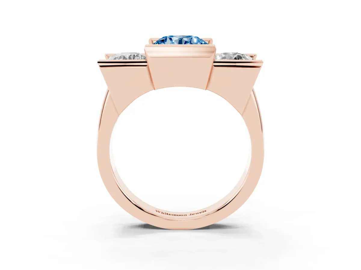 Fancy Blue Three Stone Round Cut Cut Channel Set Diamond Ring Rose gold