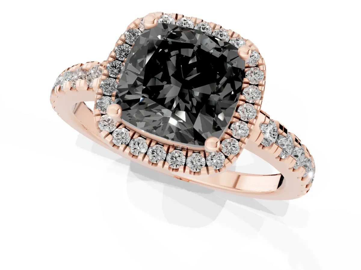 Fancy Black Cushion Cut Diamond Halo Ring with Pavé Band and Four-Prong Setting Rose gold