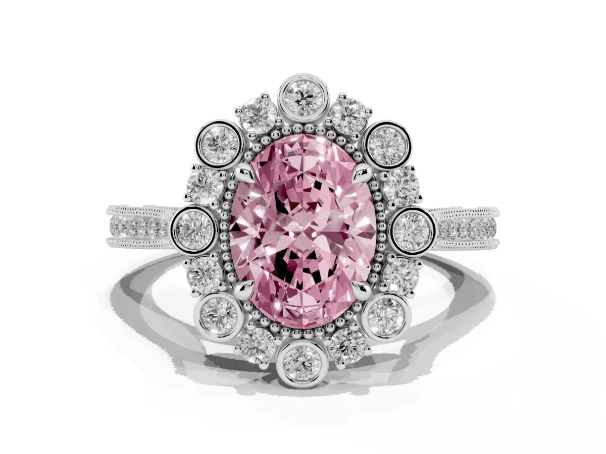 Fancy Pink Oval Cut Halo Milgrain Pave Diamond Ring with Four-Prong Setting Silver