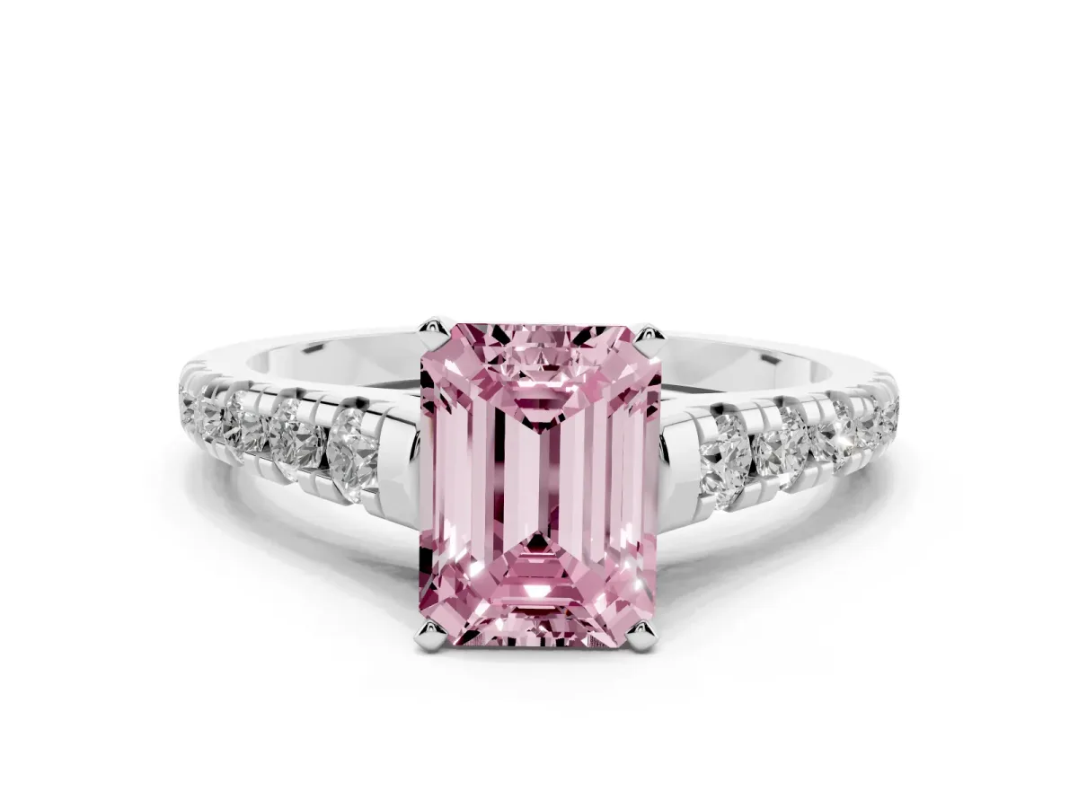 Fancy Pink Emerald Cut Diamond Cathedral Solitaire Ring with Round Pavé Band Silver