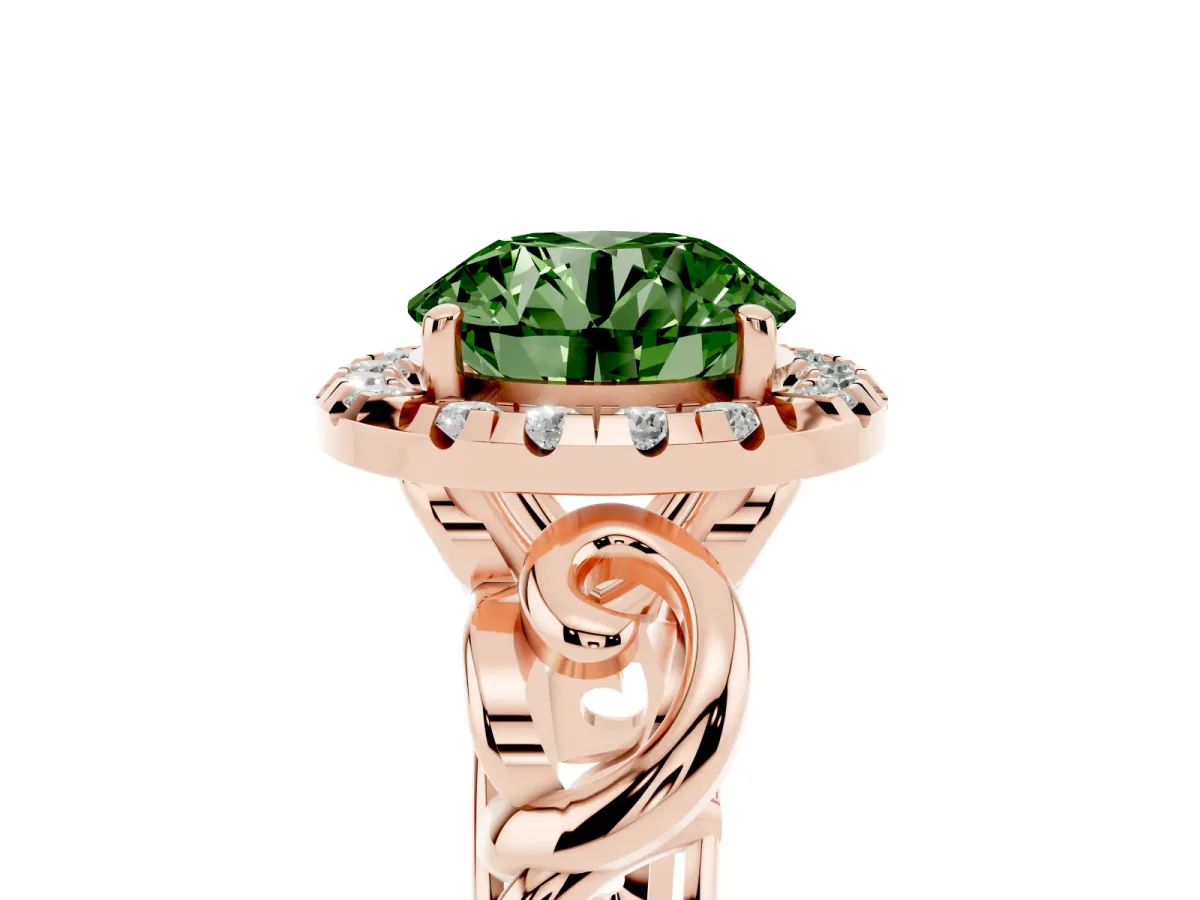 Fancy Green Round Cut Cut Halo Diamond Ring with Scrollwork Band and Four-Prong Setting Rose gold