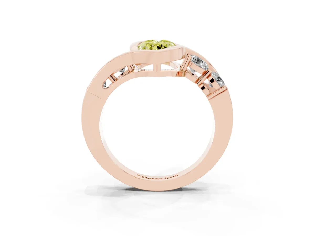 Fancy Yellow Bezel Set Marquise Cut Diamond Bypass Ring with Round Accents Rose gold