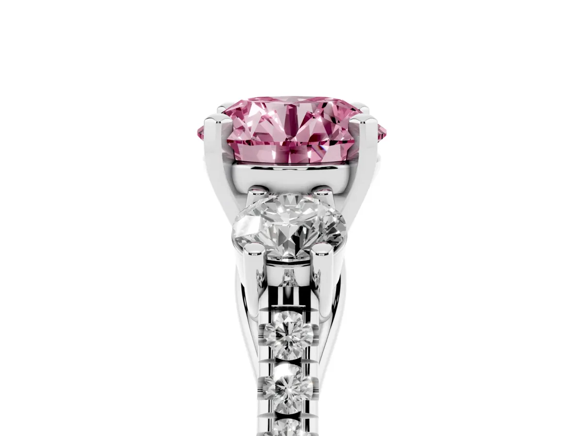 Fancy Pink Three-Stone Round Cut Diamond Pavé Band with Four-Prong Setting Platinum