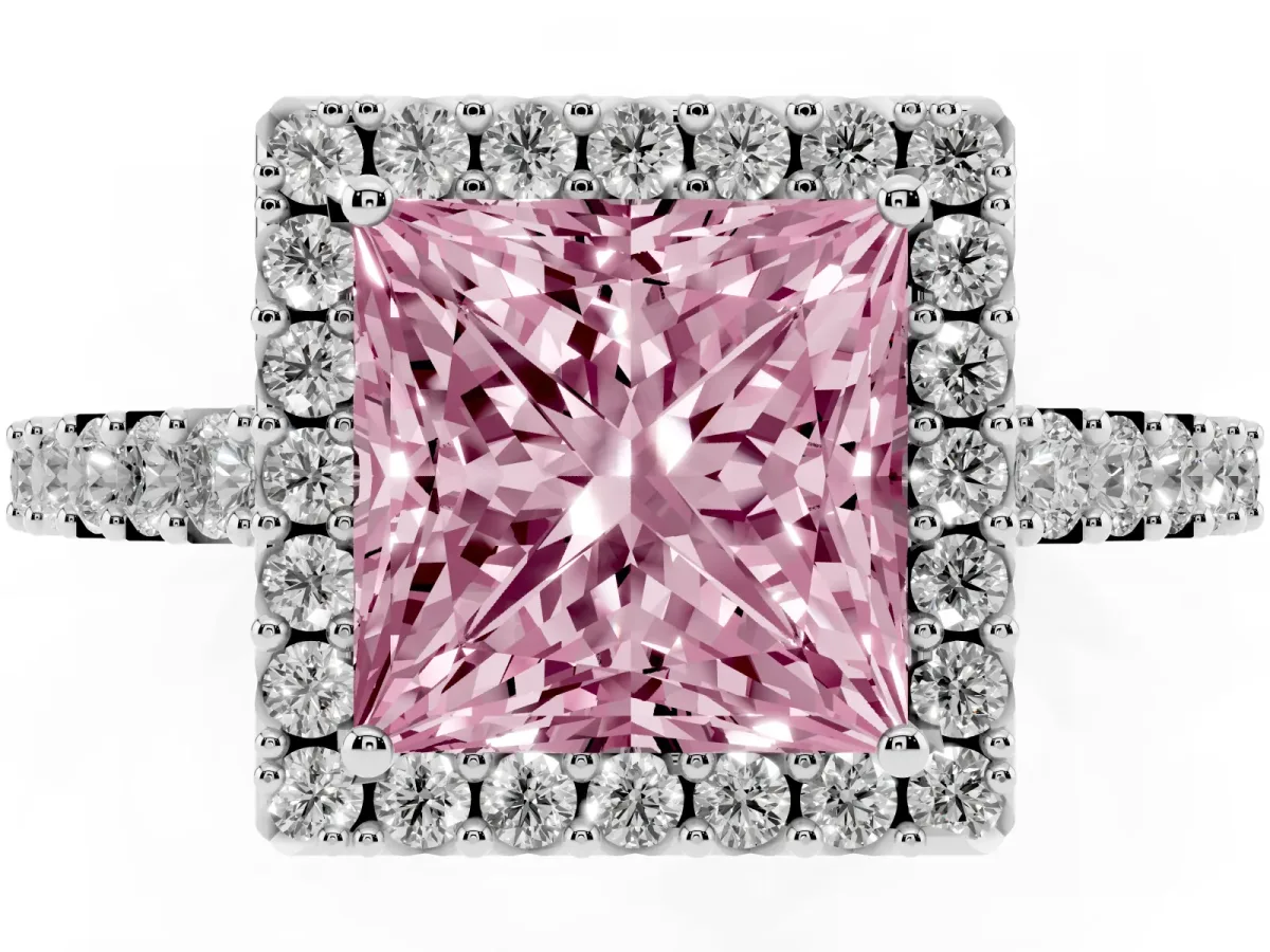 Fancy Pink Princess Cut Halo Diamond Pavé Solitaire Ring Platinum