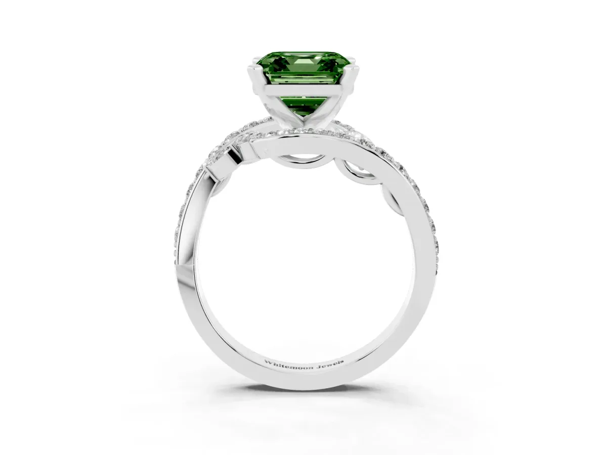 Fancy Green Asscher Cut Solitaire with Pavé Twist Band and Four-Prong Setting Silver