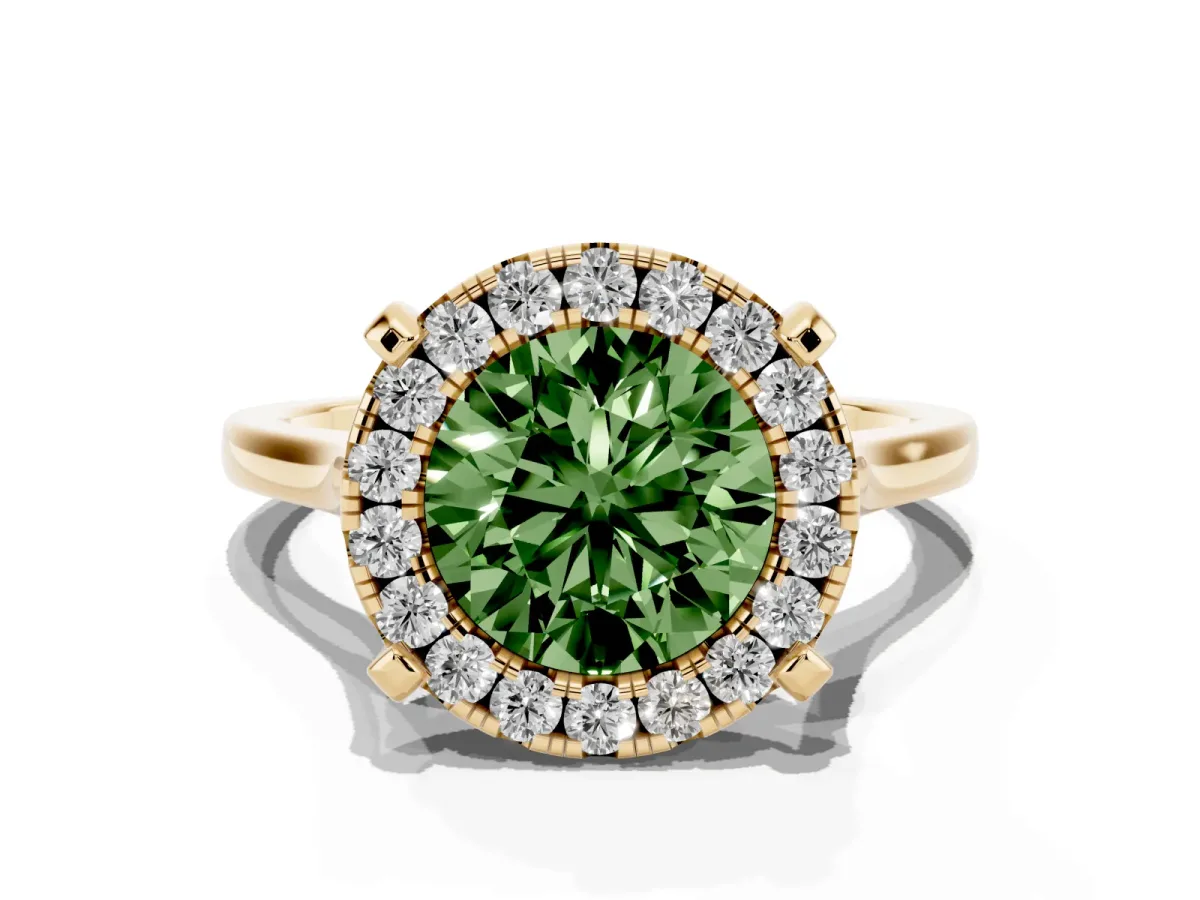Fancy Green Round Cut Diamond Cluster Halo Solitaire with Four-Prong Setting Yellow gold