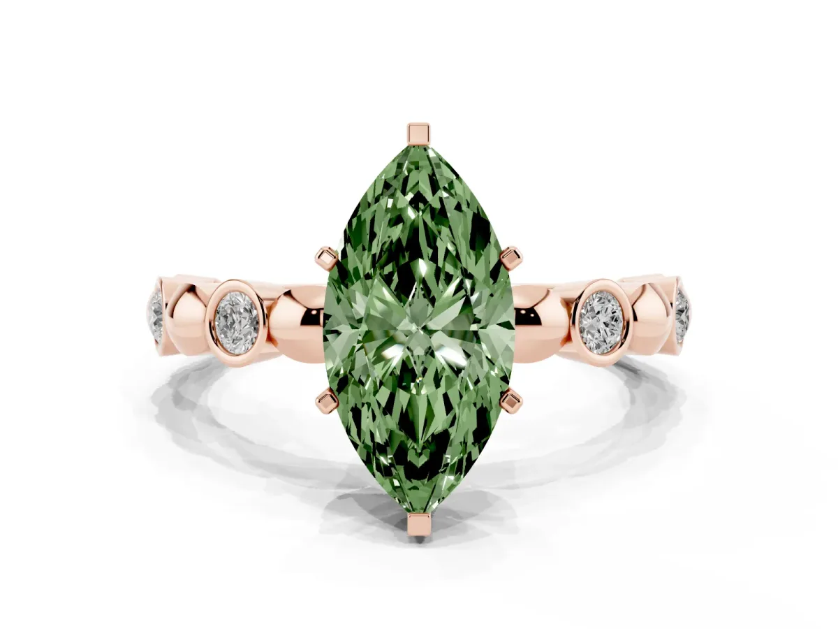 Fancy Green Marquise Cut Solitaire Bezel-Set Diamond Ring with Beaded Band and Four-Prong Setting Rose gold