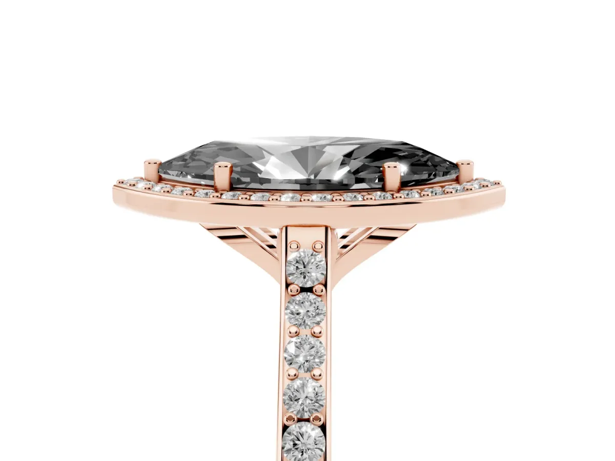 Fancy Black Marquise Cut Diamond Halo Engagement Ring with Round Pavé Shoulders and Prong Setting Rose gold
