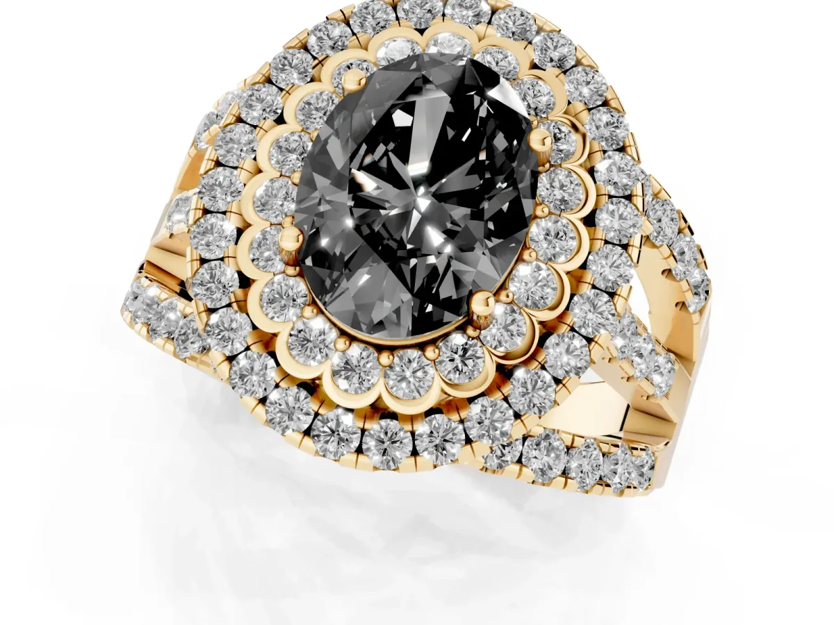 Fancy Black Oval Cut Diamond Double Halo Ring with Round Pavé Split Shank and Prong Setting Yellow gold