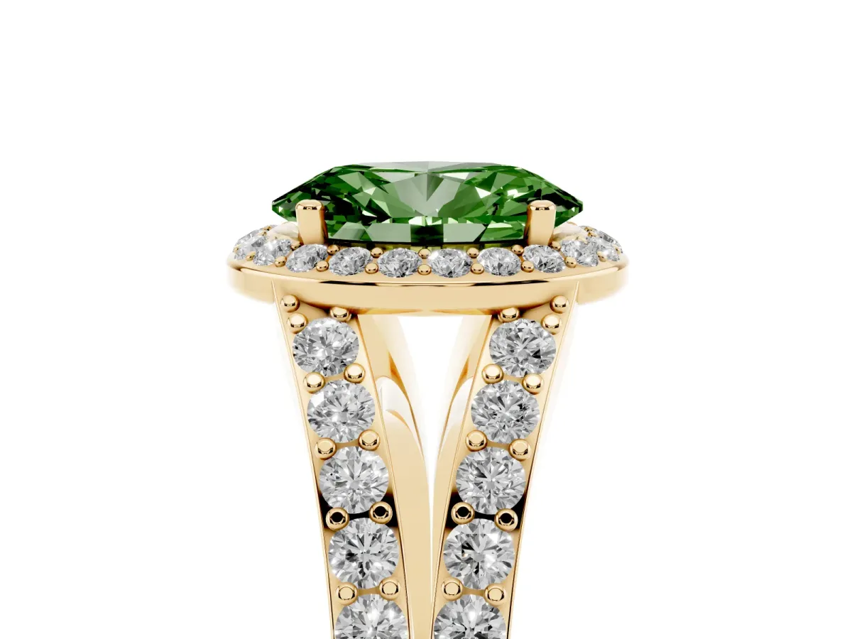 Fancy Green Oval Cut Diamond Split Shank Halo Ring with Four-Prong Setting Yellow gold